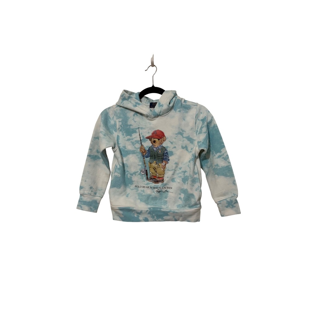 Polo Ralph Lauren Boys Blue Tie Dye Fishing Polo Bear Fleece Hoodie Size S 8